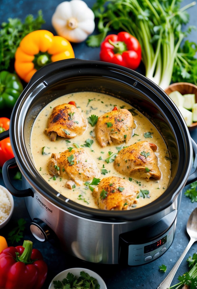 A slow cooker filled with creamy ranch chicken, surrounded by colorful vegetables and herbs