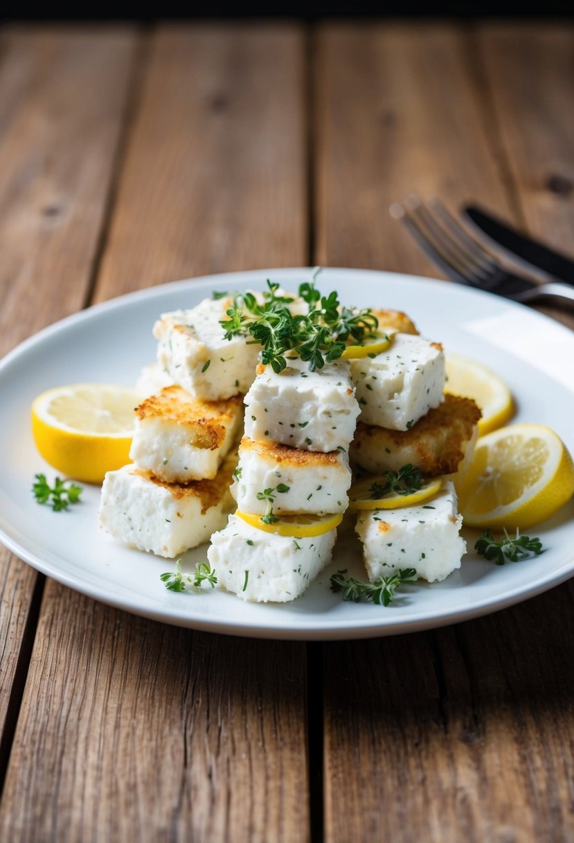 A plate of fried feta topped with oregano and lemon slices on a wooden table