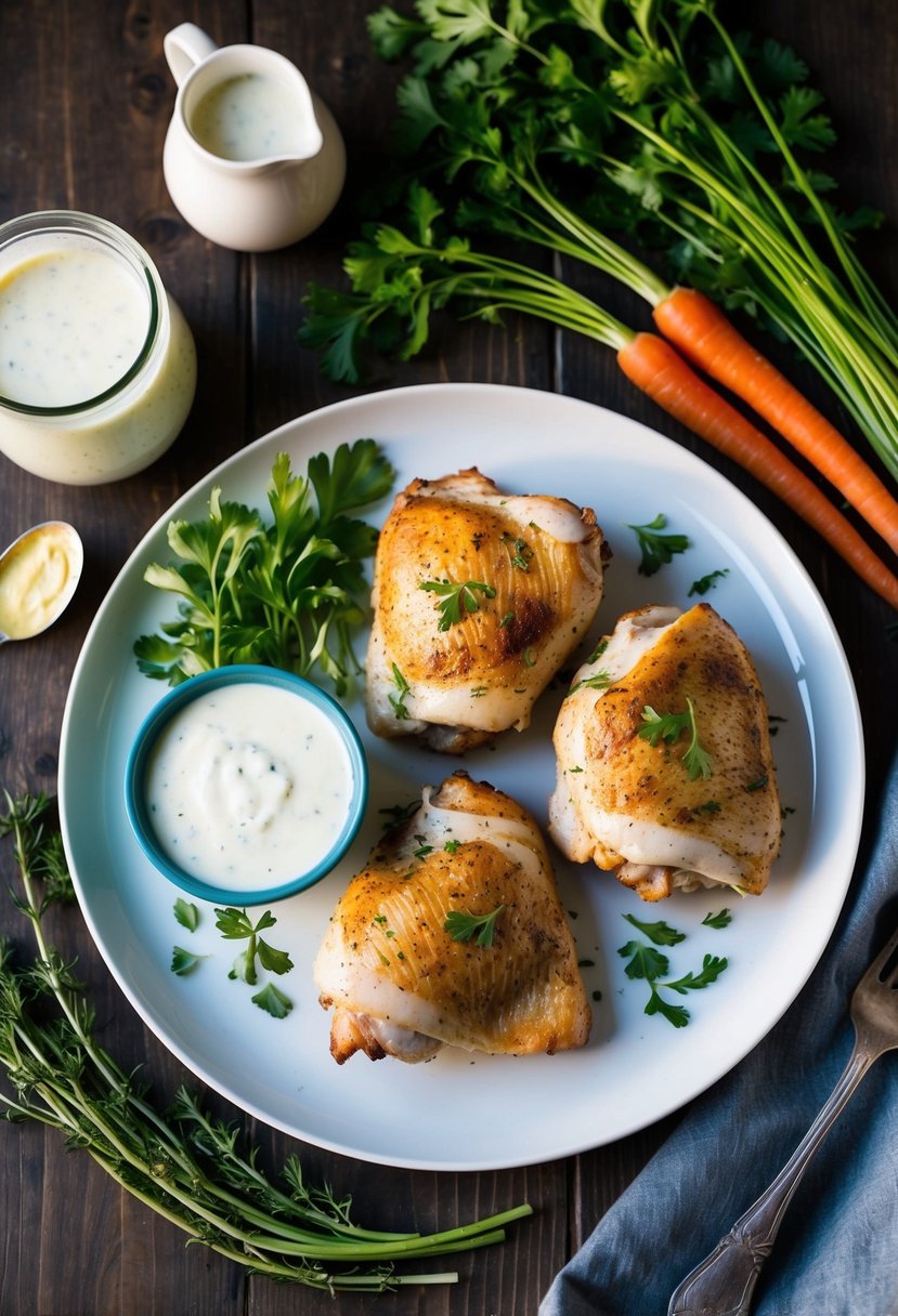 A plate of ranch chicken thighs with a side of buttermilk dressing, surrounded by fresh herbs and vegetables