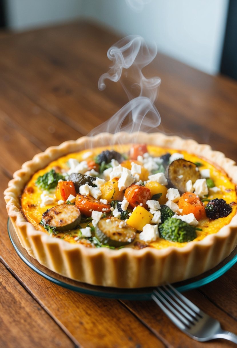 A golden-brown quiche sits on a wooden table, filled with roasted vegetables and crumbled feta cheese. Steam rises from the dish, and a fork rests beside it