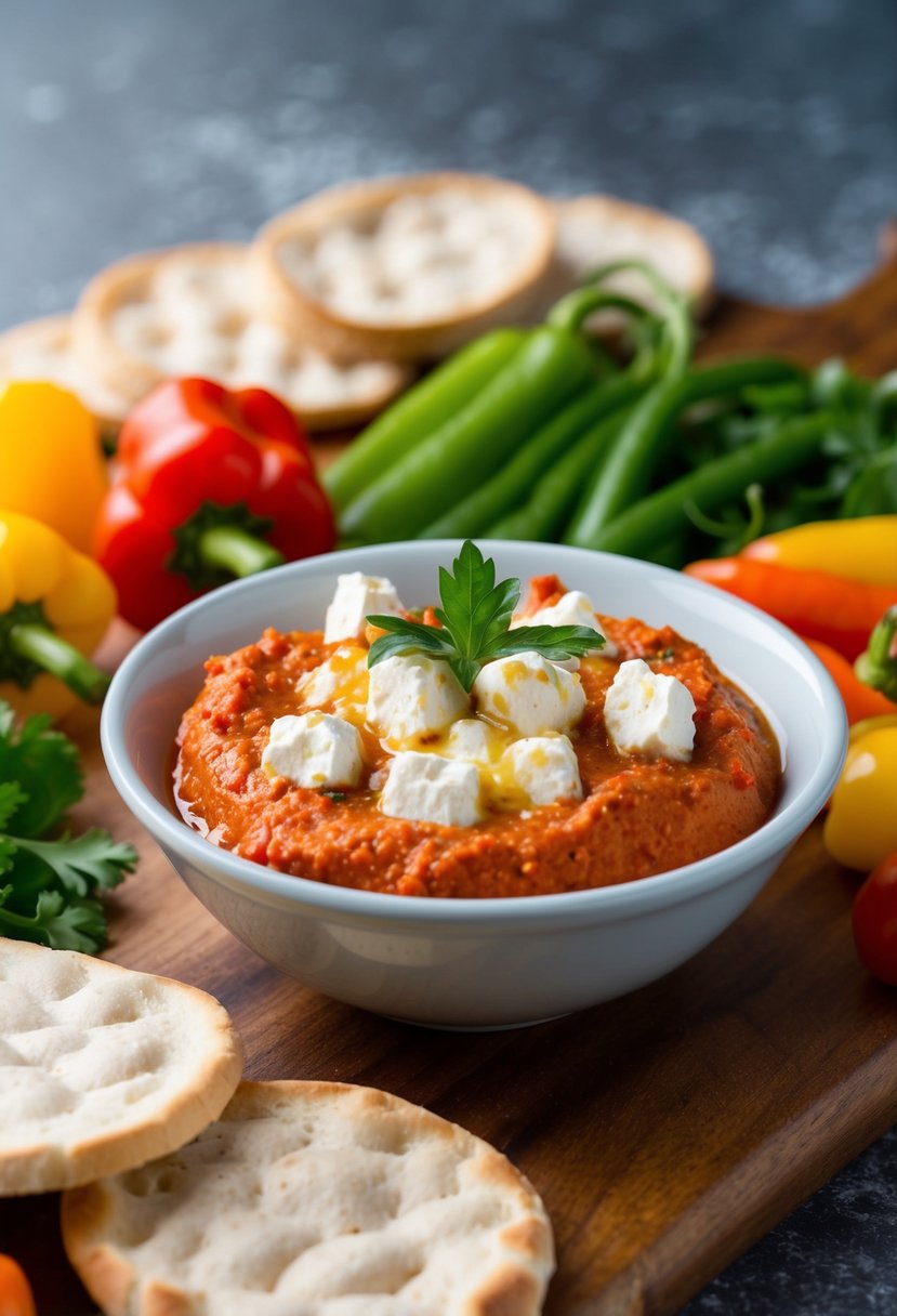 A small bowl of spicy feta and roasted red pepper dip surrounded by colorful vegetables and pita bread slices on a wooden serving board