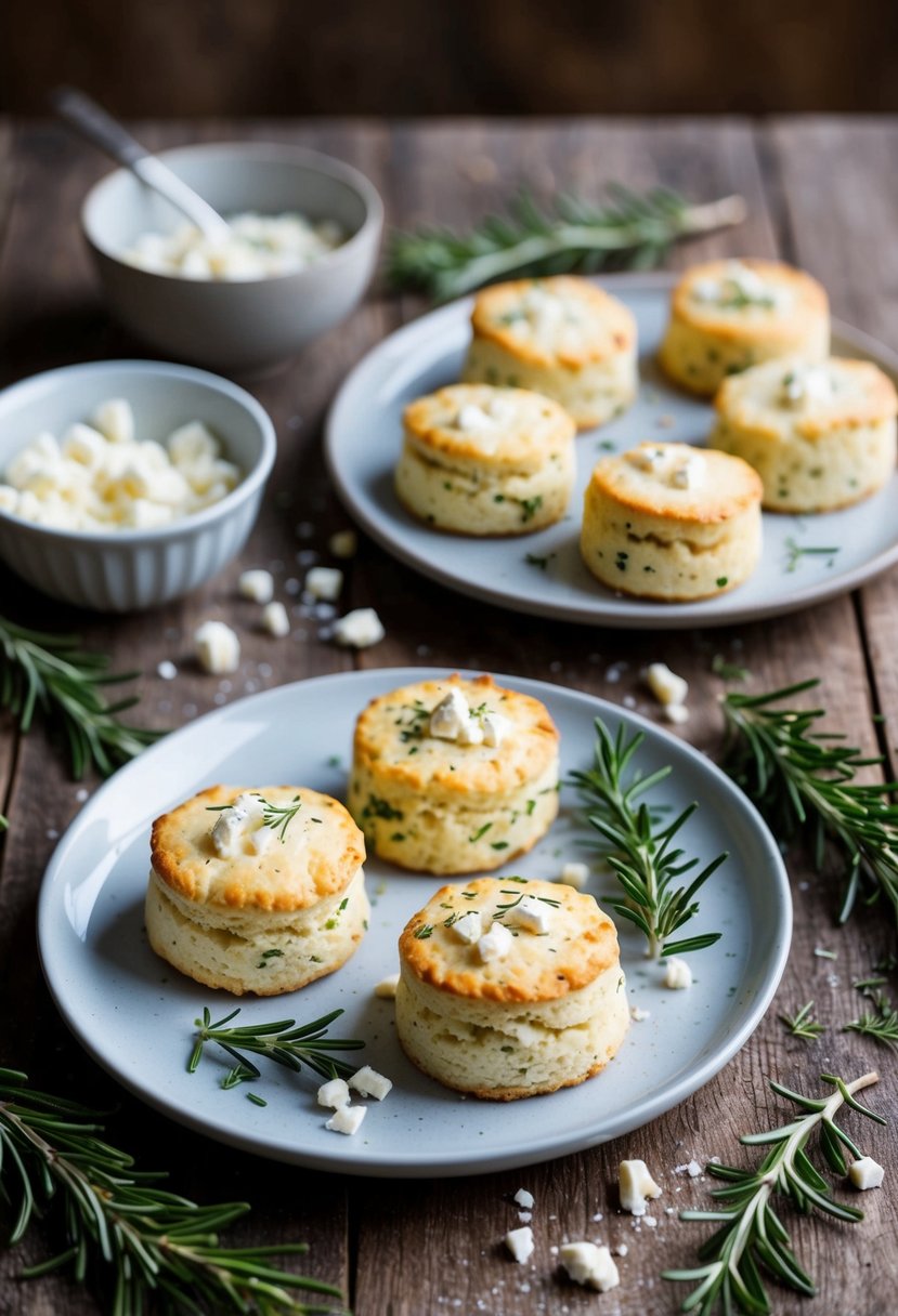 A rustic kitchen table with a plate of freshly baked feta and herb scones, surrounded by scattered sprigs of rosemary and crumbled feta