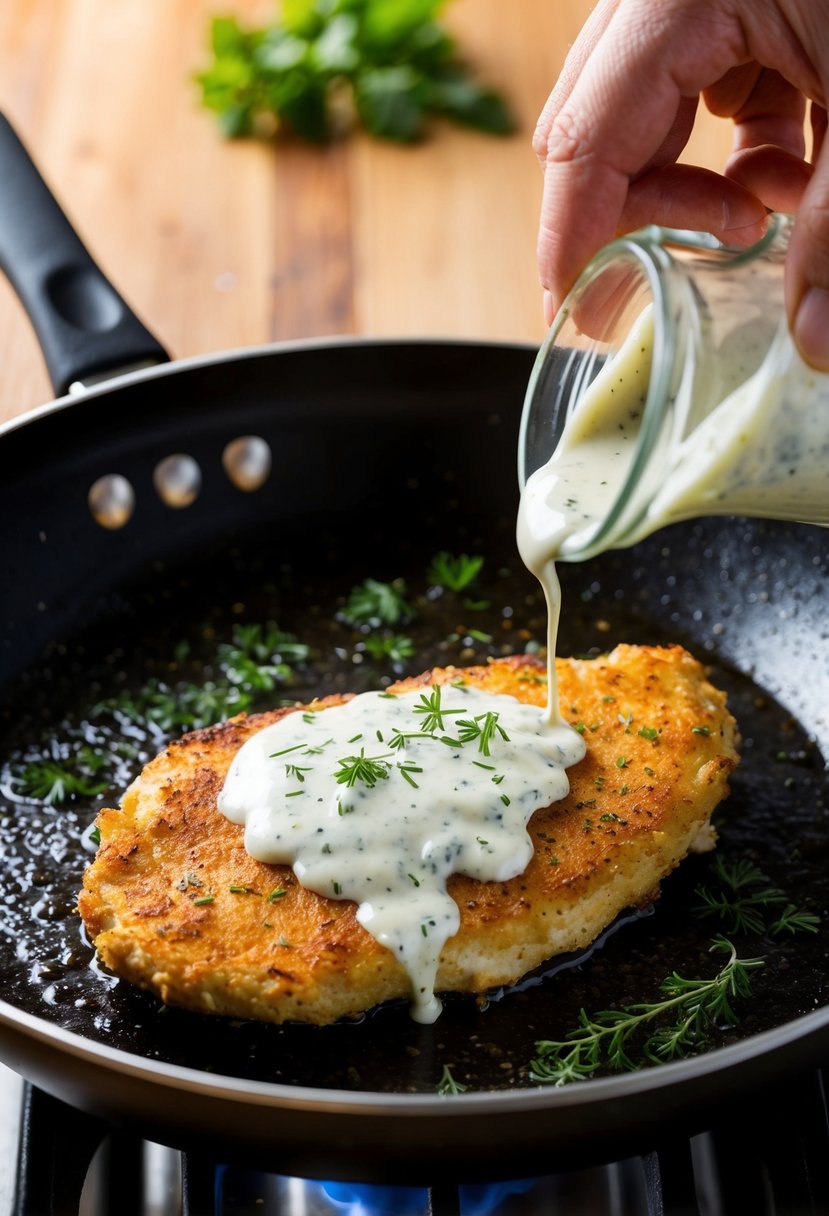 A sizzling chicken cutlet being seasoned with ranch dressing and herbs on a hot skillet