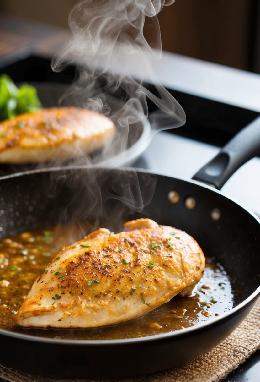 A sizzling chicken breast cooks in a skillet, golden brown and seasoned with ranch spices. Steam rises from the pan