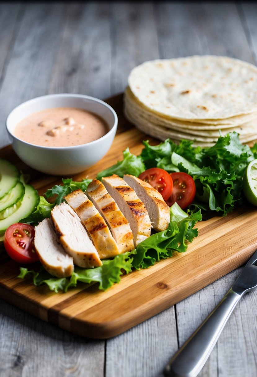 A wooden cutting board with sliced grilled chicken, lettuce, tomatoes, and a bowl of ranch dressing next to a pile of flour tortillas