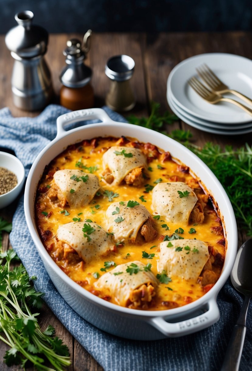 A rustic kitchen scene with a bubbling casserole dish of ranch chicken, surrounded by fresh herbs and spices