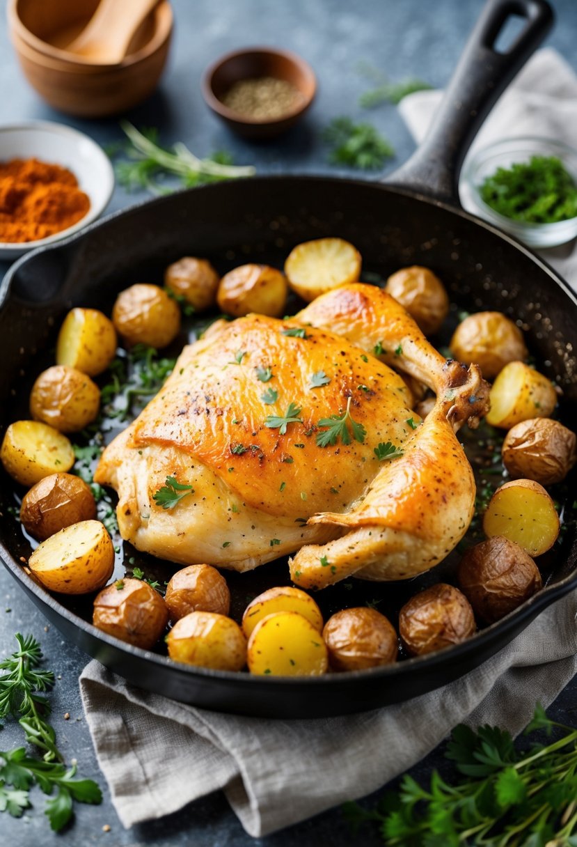 A sizzling skillet of golden-brown ranch chicken and crispy roasted potatoes, surrounded by a medley of vibrant herbs and spices