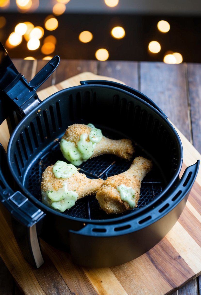 Drumsticks coated in ranch seasoning, placed in an air fryer basket