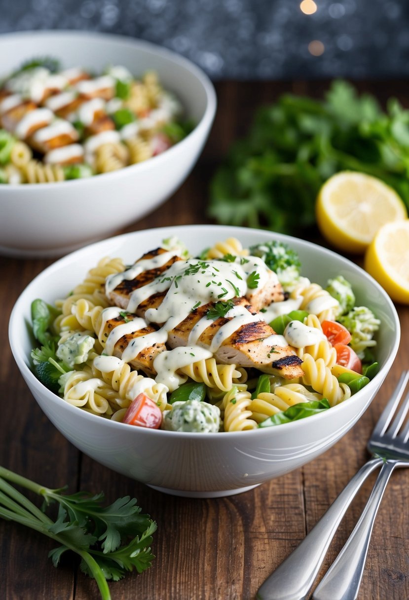 A bowl of ranch chicken pasta salad with fresh vegetables and grilled chicken, drizzled with creamy ranch dressing