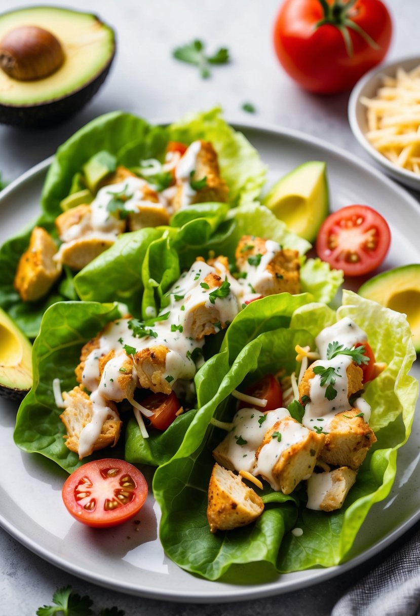 A plate of lettuce wraps filled with ranch-seasoned chicken, surrounded by fresh ingredients like tomatoes, avocado, and shredded cheese