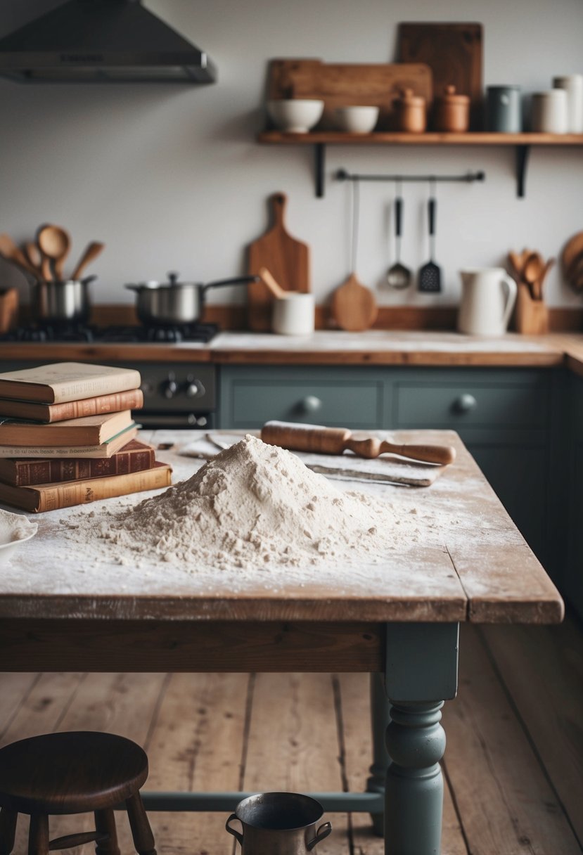 A rustic kitchen with a wooden table covered in flour, surrounded by vintage baking tools and recipe books