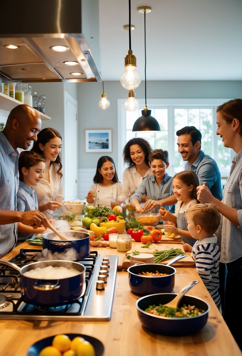 A bustling kitchen with pots bubbling on the stove, fresh ingredients on the counter, and a family eagerly gathering around the table