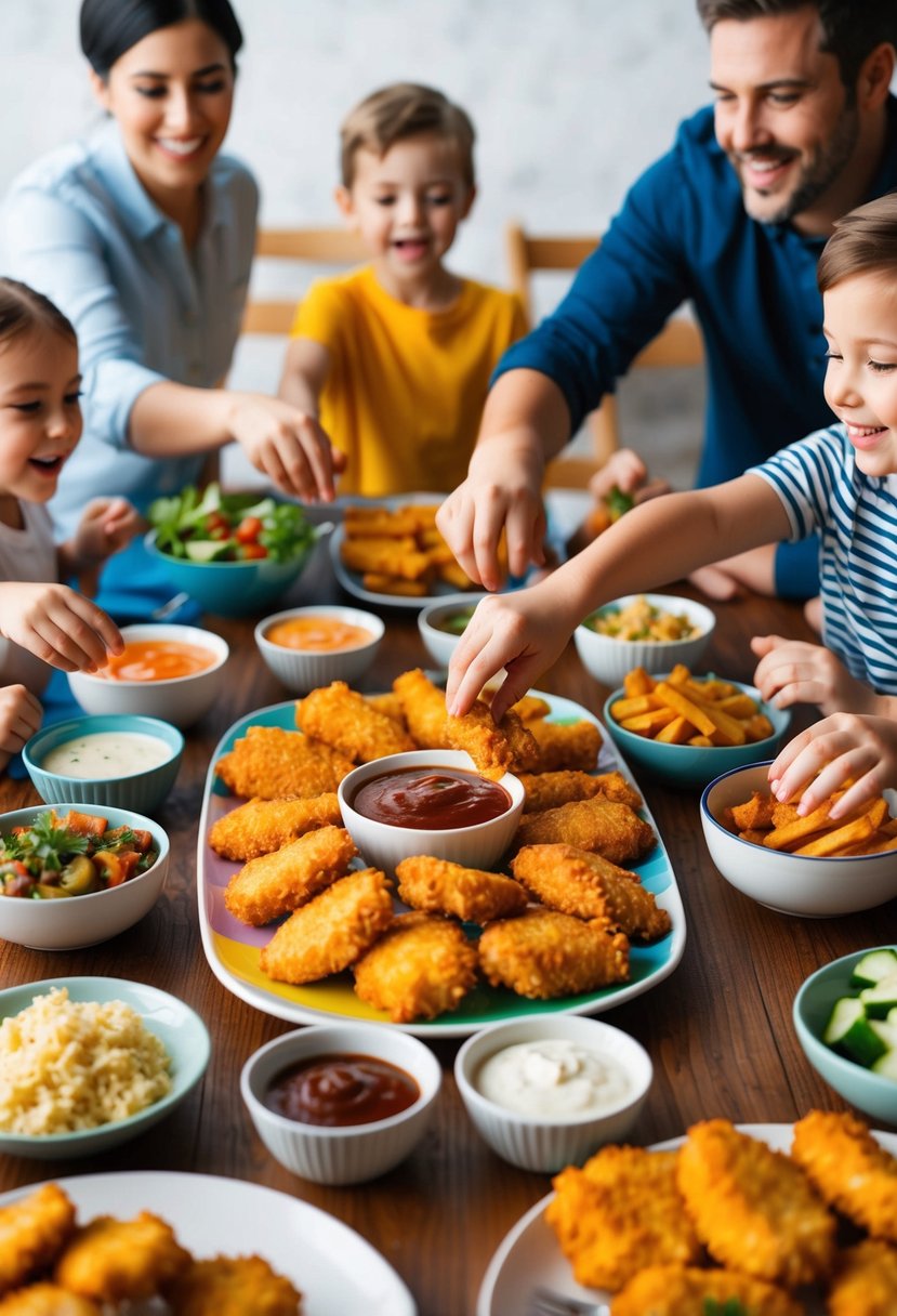 A table set with a colorful array of chicken goujons, accompanied by various dipping sauces and sides, surrounded by a family eagerly reaching for the delicious meal