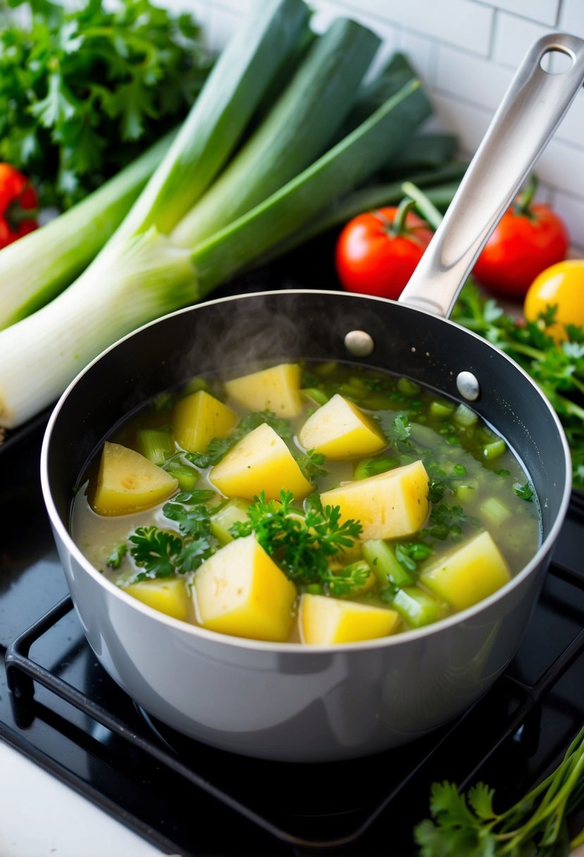 A pot of leek and potato soup simmering on a stovetop, surrounded by fresh vegetables and herbs