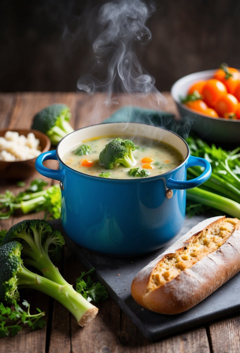 A steaming pot of broccoli and Stilton soup surrounded by fresh vegetables and a loaf of crusty bread on a rustic kitchen table