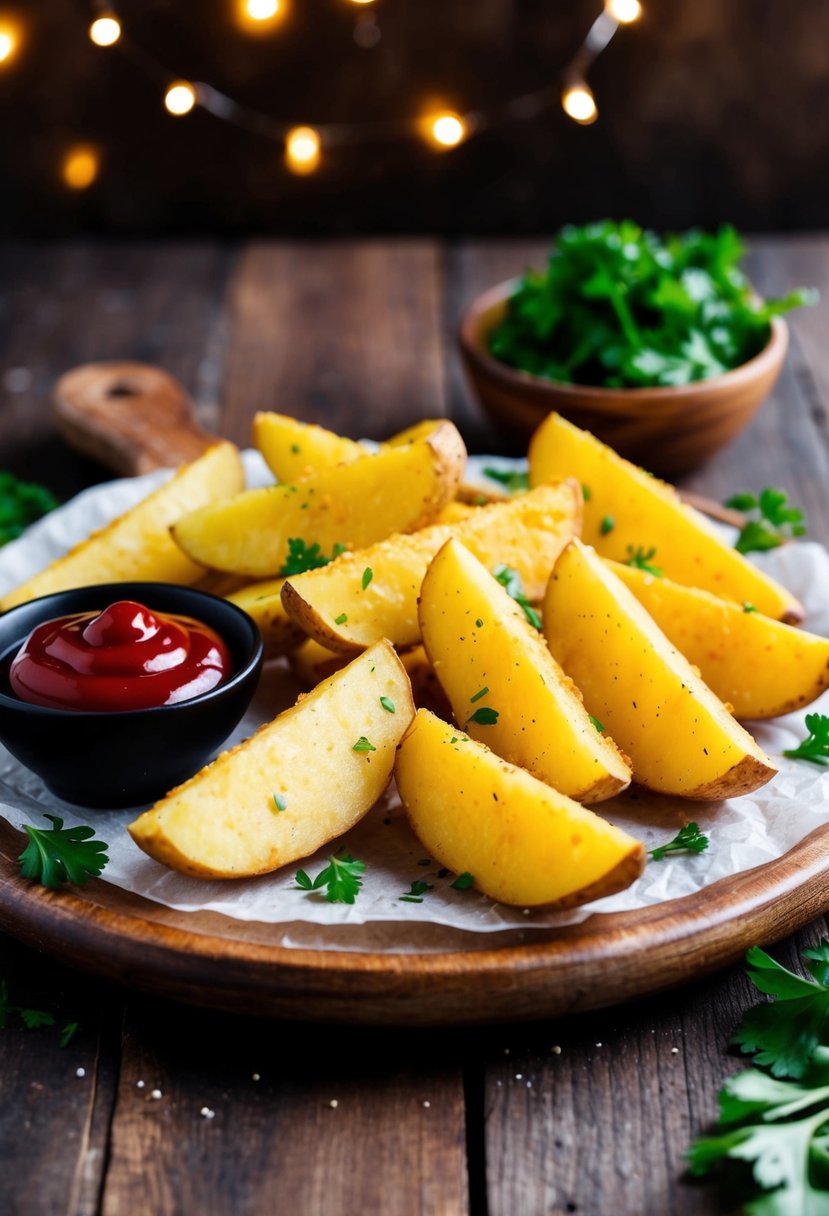 Golden potato wedges arranged on a rustic wooden platter with a side of ketchup and a sprinkle of fresh parsley