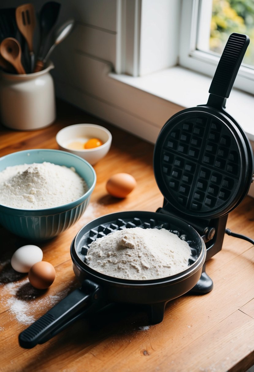 A vintage kitchen with a mixing bowl, flour, eggs, and a waffle iron on a wooden countertop