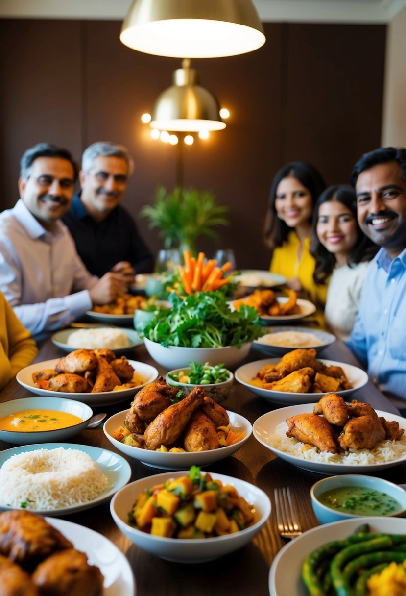 A family dinner table with a spread of tandoori chicken, rice, and vegetables, with warm lighting and happy faces