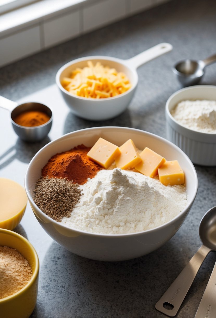 A bowl of flour, cheese, and spices on a kitchen counter, surrounded by measuring cups and spoons