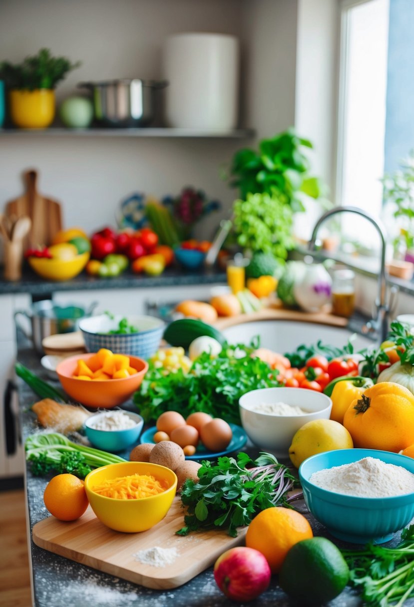 A colorful kitchen counter with various ingredients and utensils scattered around, including fruits, vegetables, flour, and mixing bowls