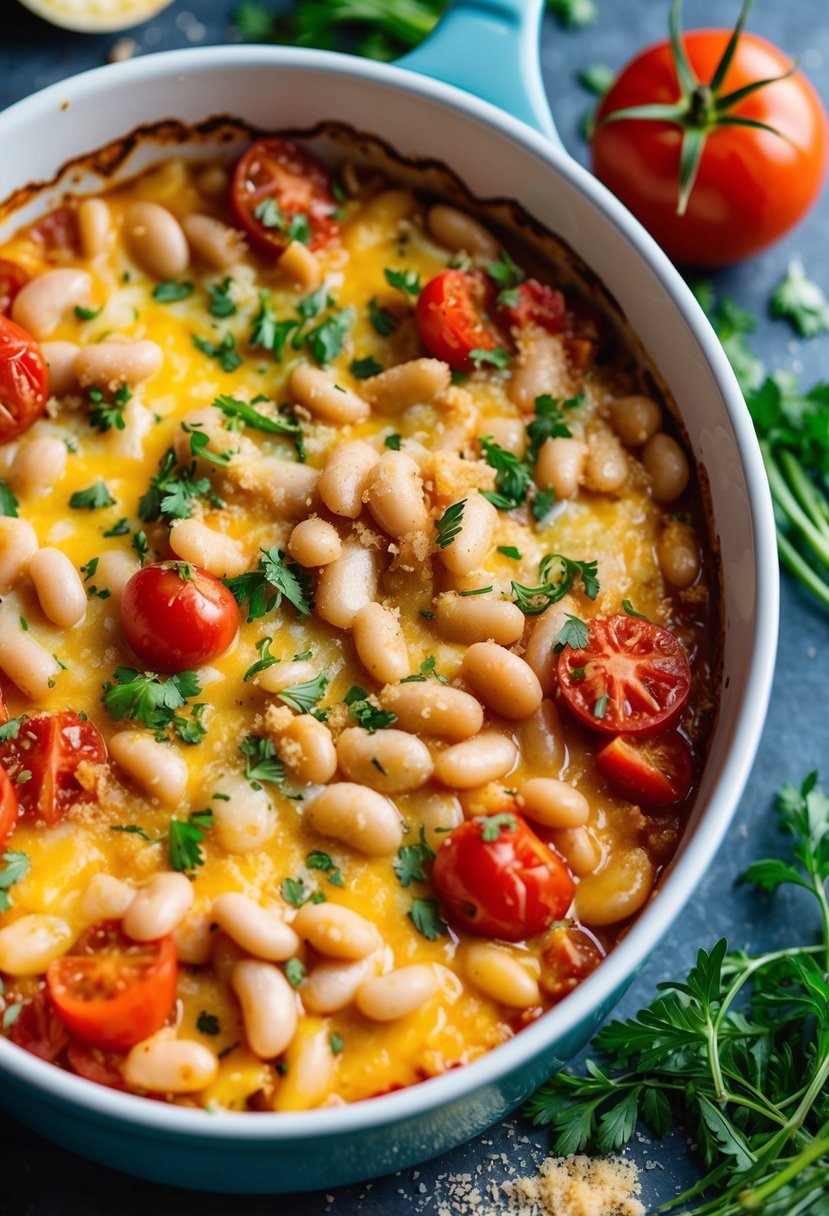 A bubbling casserole dish filled with cheesy white beans and tomatoes, surrounded by fresh herbs and a scattering of breadcrumbs