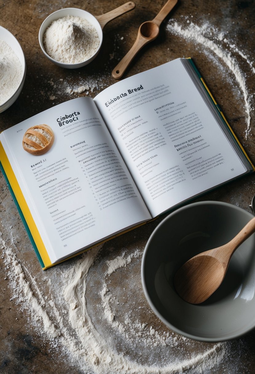 A rustic kitchen counter with scattered flour, a mixing bowl, and a wooden spoon. A recipe book open to a page on homemade ciabatta bread