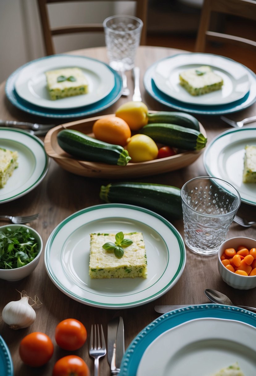 A table set with ingredients for zucchini slice, surrounded by family dinnerware