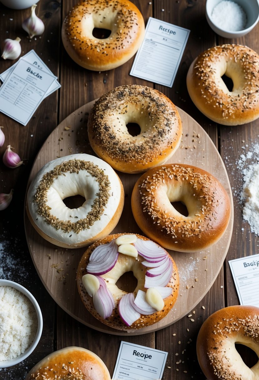 A wooden table with a variety of bagels topped with seeds, garlic, onion, and salt, surrounded by scattered flour and recipe cards