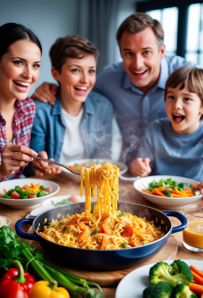 A steaming pot of cheesy noodles surrounded by colorful vegetables and a family of four eagerly gathered around the dinner table