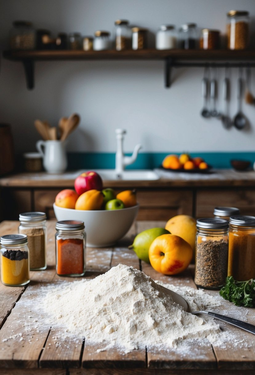 A rustic kitchen with a wooden table covered in scattered flour, surrounded by jars of colorful spices and a variety of fresh fruits