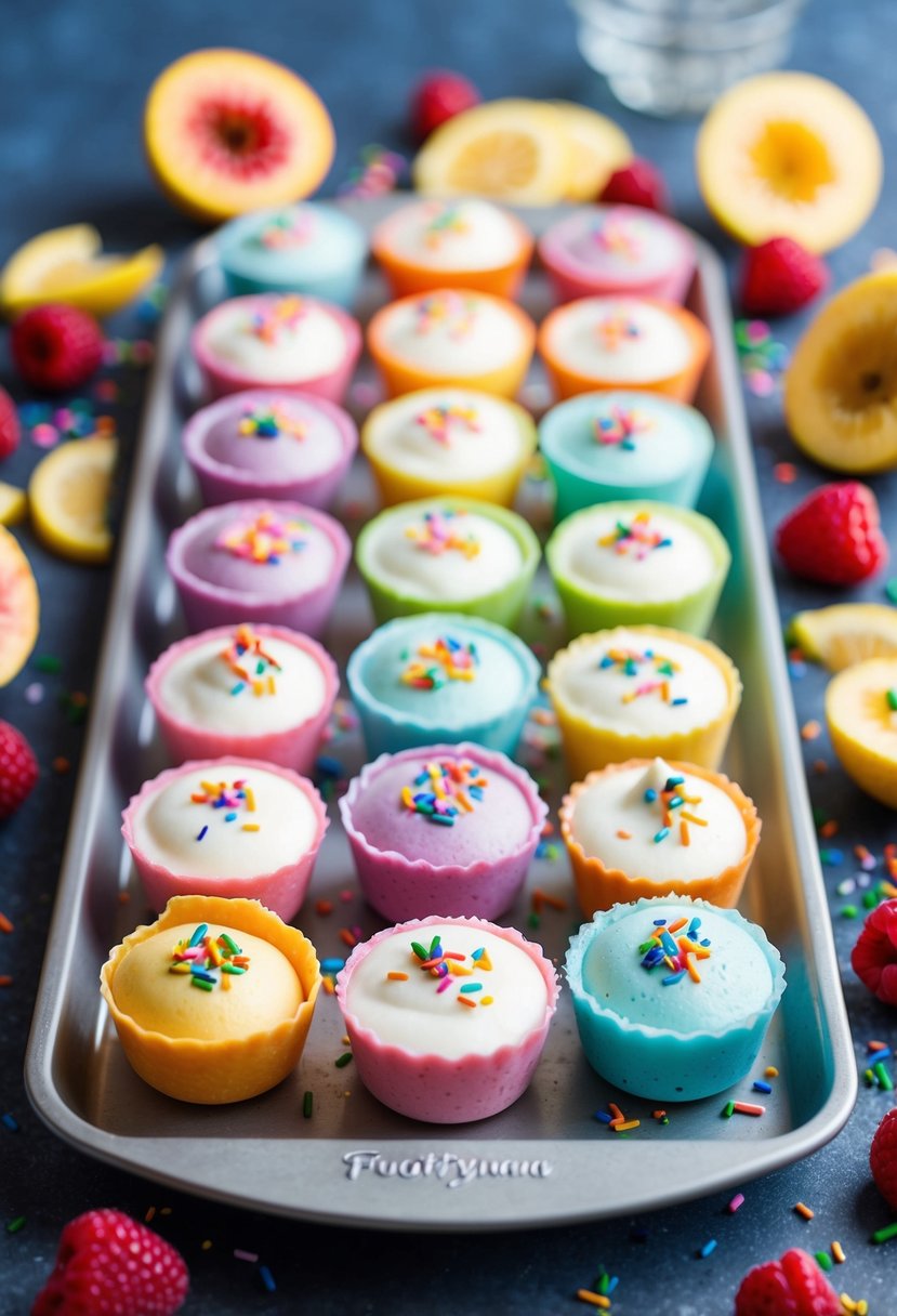 A colorful array of frozen yogurt bites arranged on a tray, surrounded by fresh fruit and sprinkles