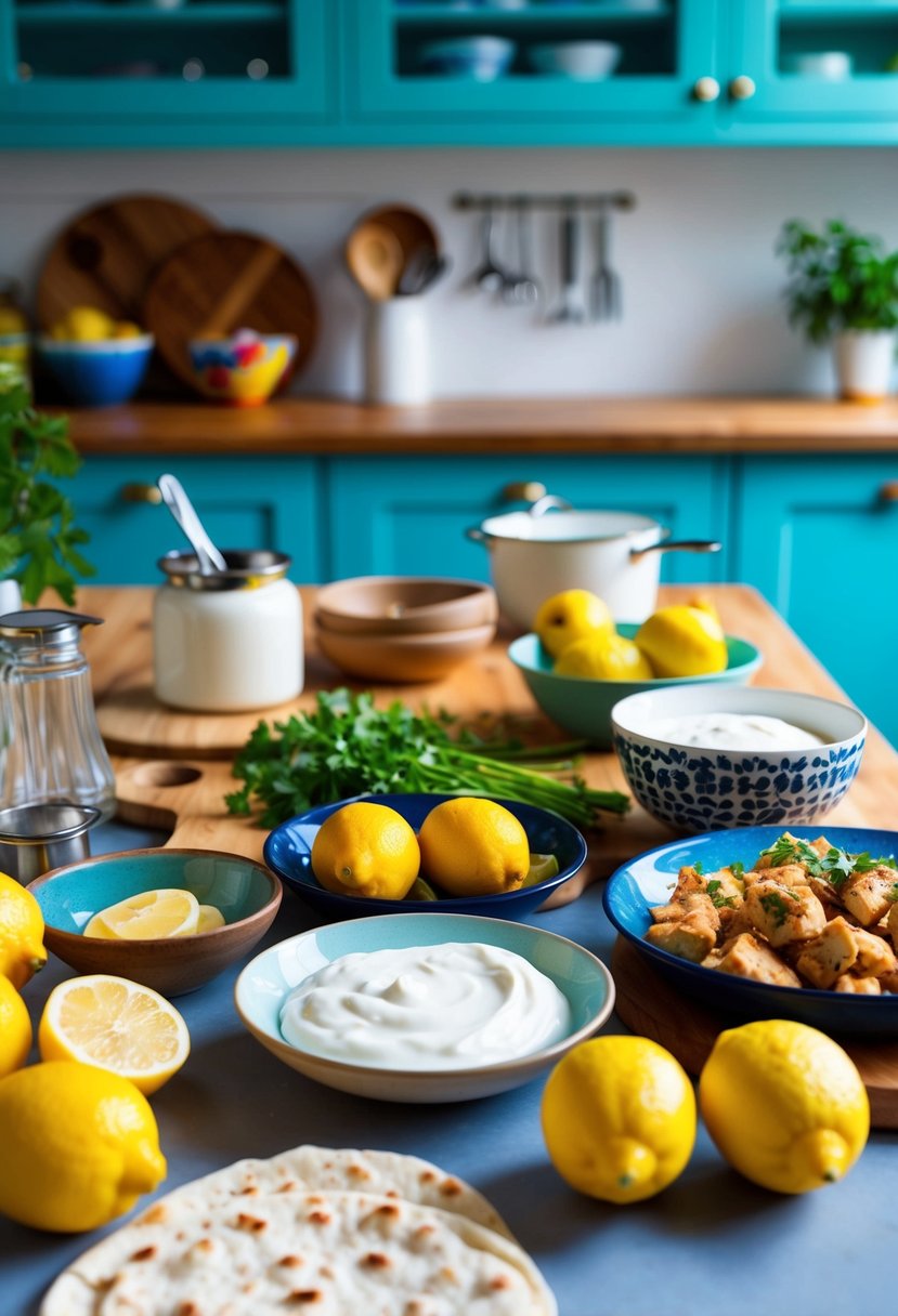 A colorful kitchen counter with ingredients like lemons, yogurt, and chicken, along with flatbreads and various cooking utensils