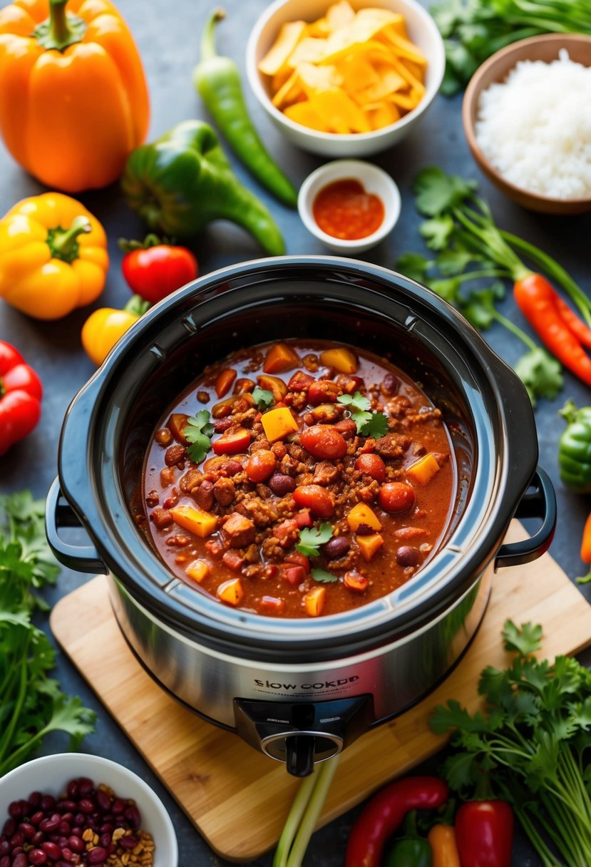 A slow cooker filled with hearty chili surrounded by fresh vegetables and spices