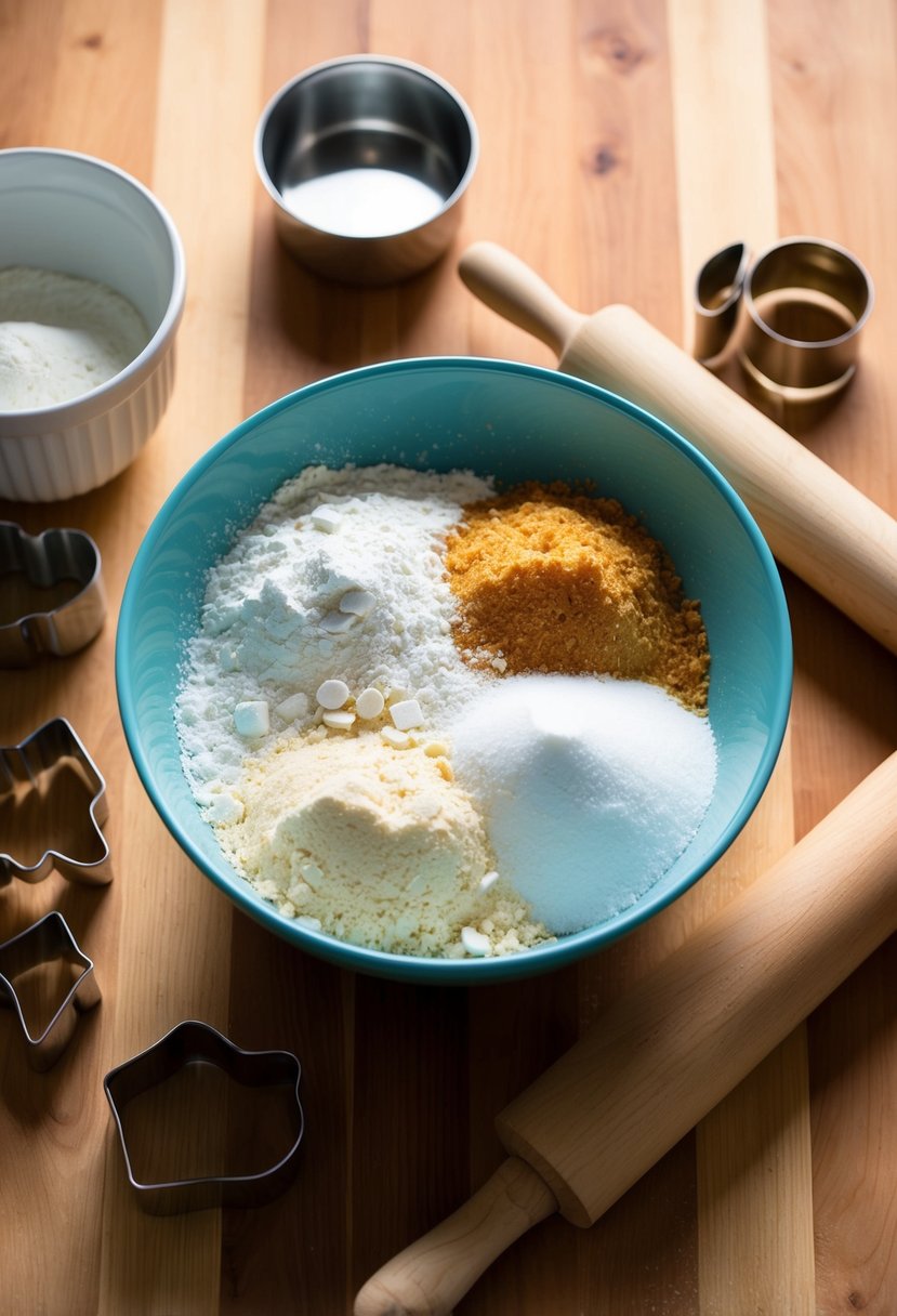 A mixing bowl filled with flour, sugar, and other ingredients, surrounded by cookie cutters and a rolling pin on a wooden kitchen counter