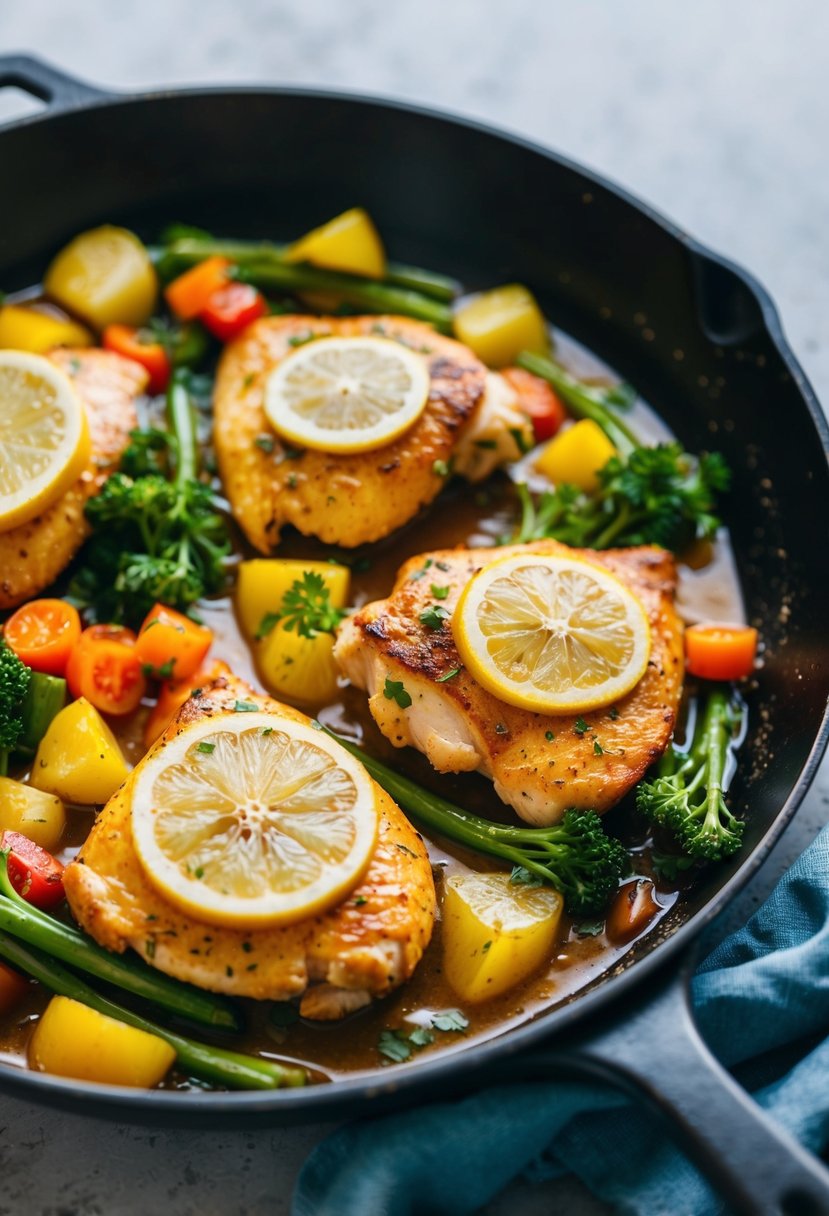 A sizzling skillet filled with colorful vegetables, tender pieces of lemon-infused chicken, and a savory sauce, ready to be served for a family dinner