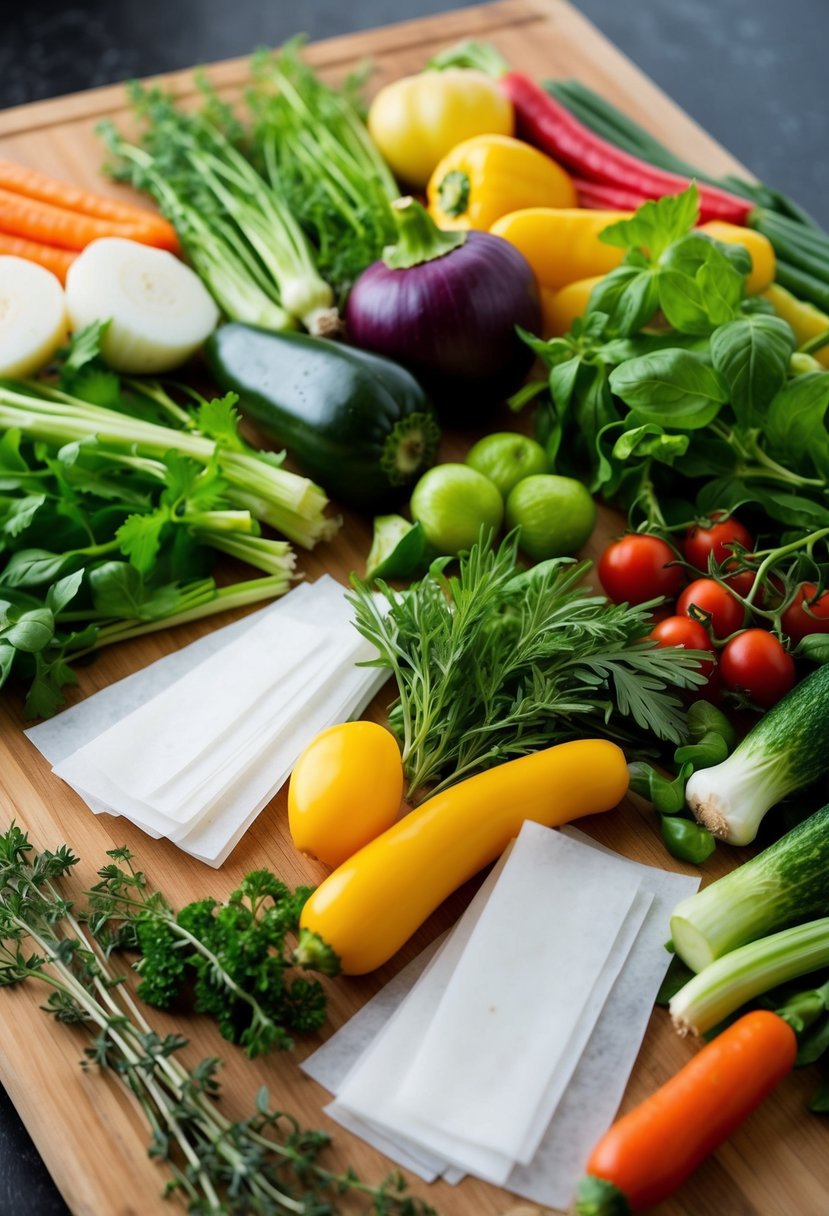 A colorful array of fresh vegetables, herbs, and rice paper sheets arranged on a wooden cutting board