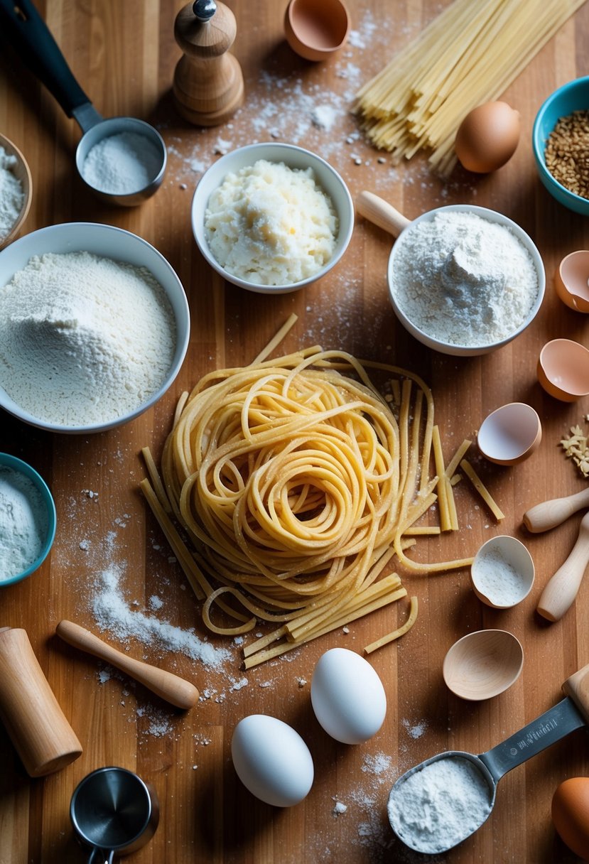 A wooden countertop with scattered flour and eggs, surrounded by various pasta-making tools and ingredients