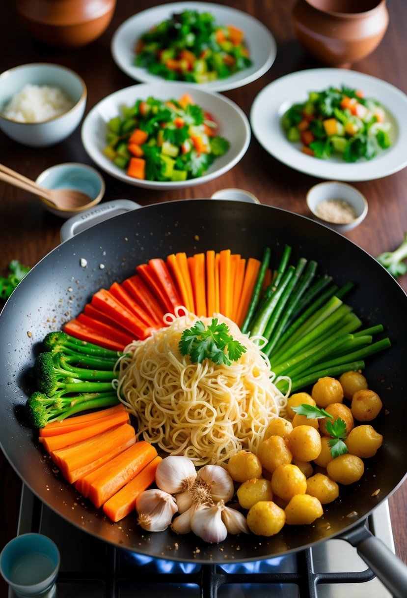 A colorful array of fresh vegetables and aromatic garlic noodles sizzling in a wok, surrounded by family dinnerware