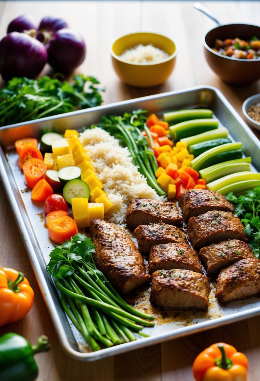 A colorful array of vegetables, rice, and marinated meat arranged on a sheet pan, ready to be roasted