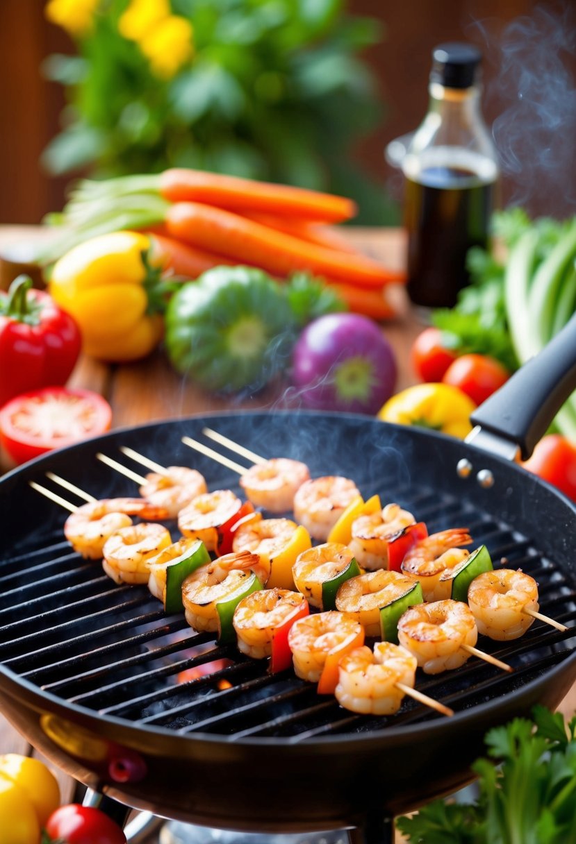 A sizzling grill with shrimp skewers, surrounded by colorful vegetables and a warm, inviting atmosphere