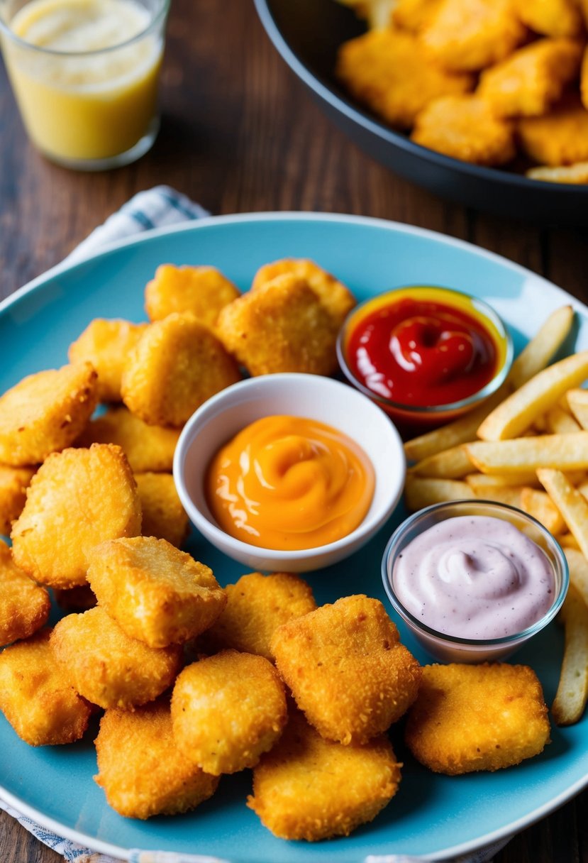 A plate of golden-brown homemade chicken nuggets surrounded by colorful dipping sauces and accompanied by a side of crispy fries