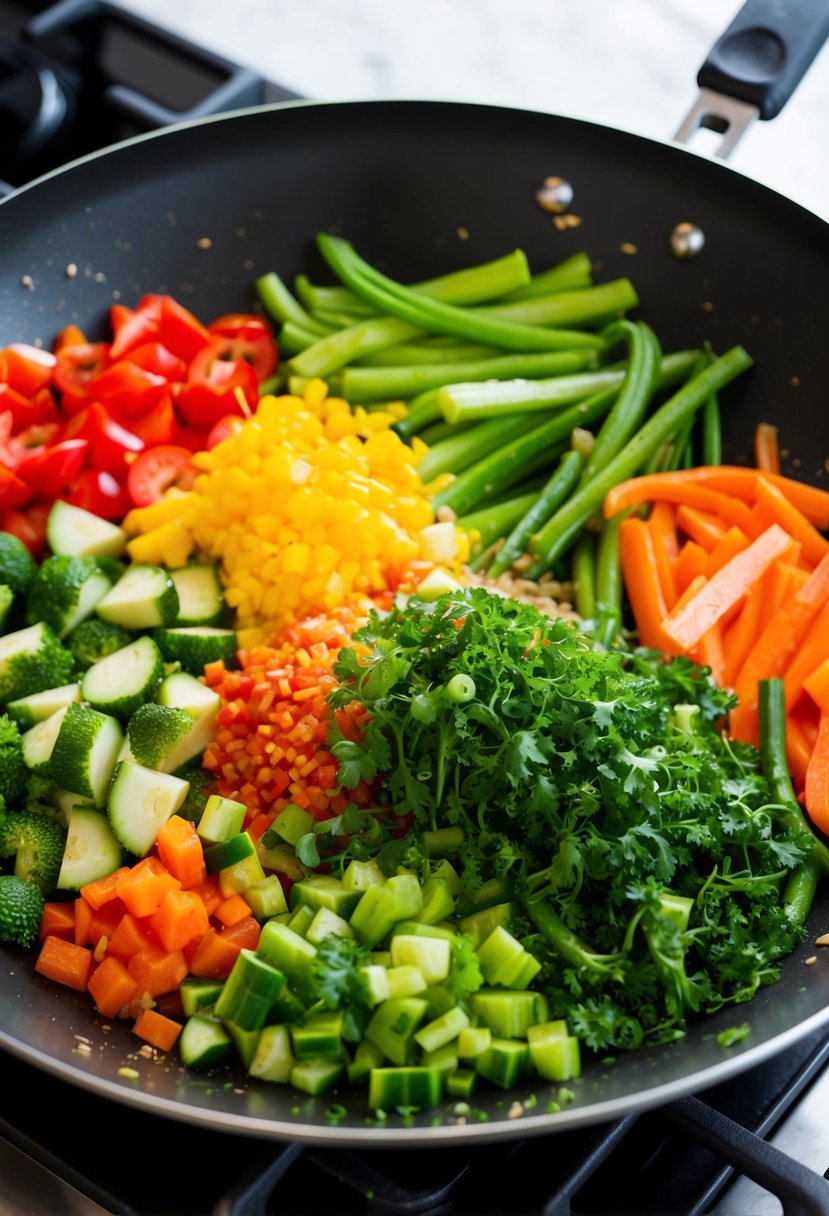 A colorful array of fresh vegetables being chopped, sizzling in a hot pan, and tossed together in a wok