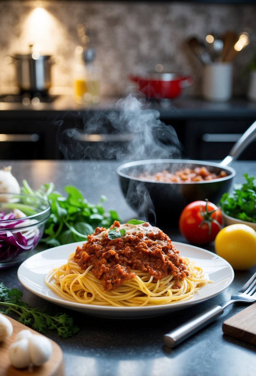 A steaming plate of spaghetti Bolognese, surrounded by fresh ingredients and cooking utensils on a kitchen counter