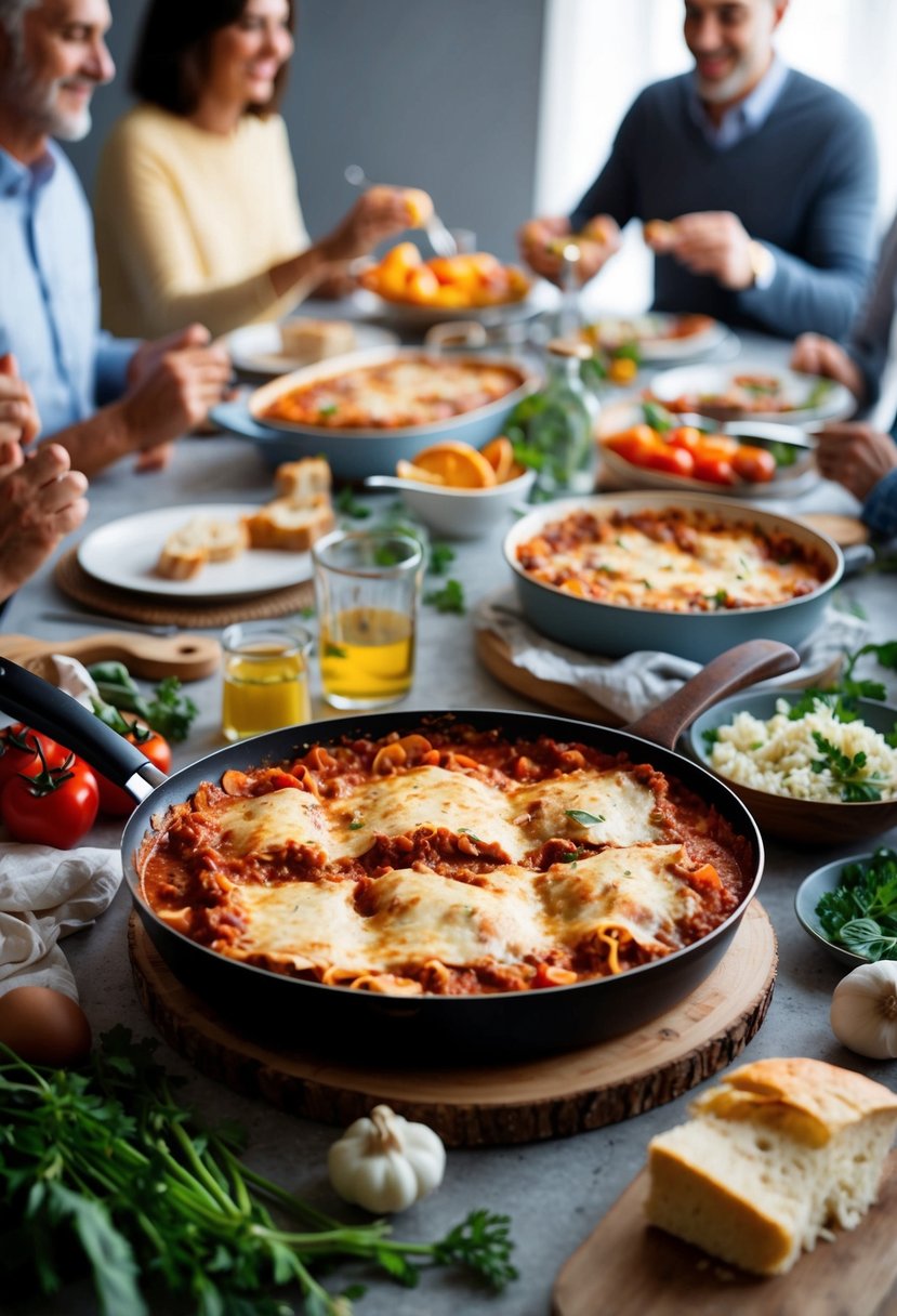 A bubbling pan of lasagna surrounded by fresh ingredients and a family gathered around the dinner table