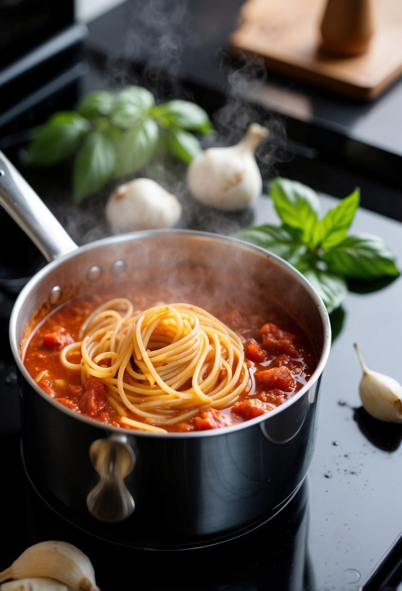 A pot of boiling pasta with a simple tomato sauce simmering on the stove, surrounded by fresh basil and garlic cloves