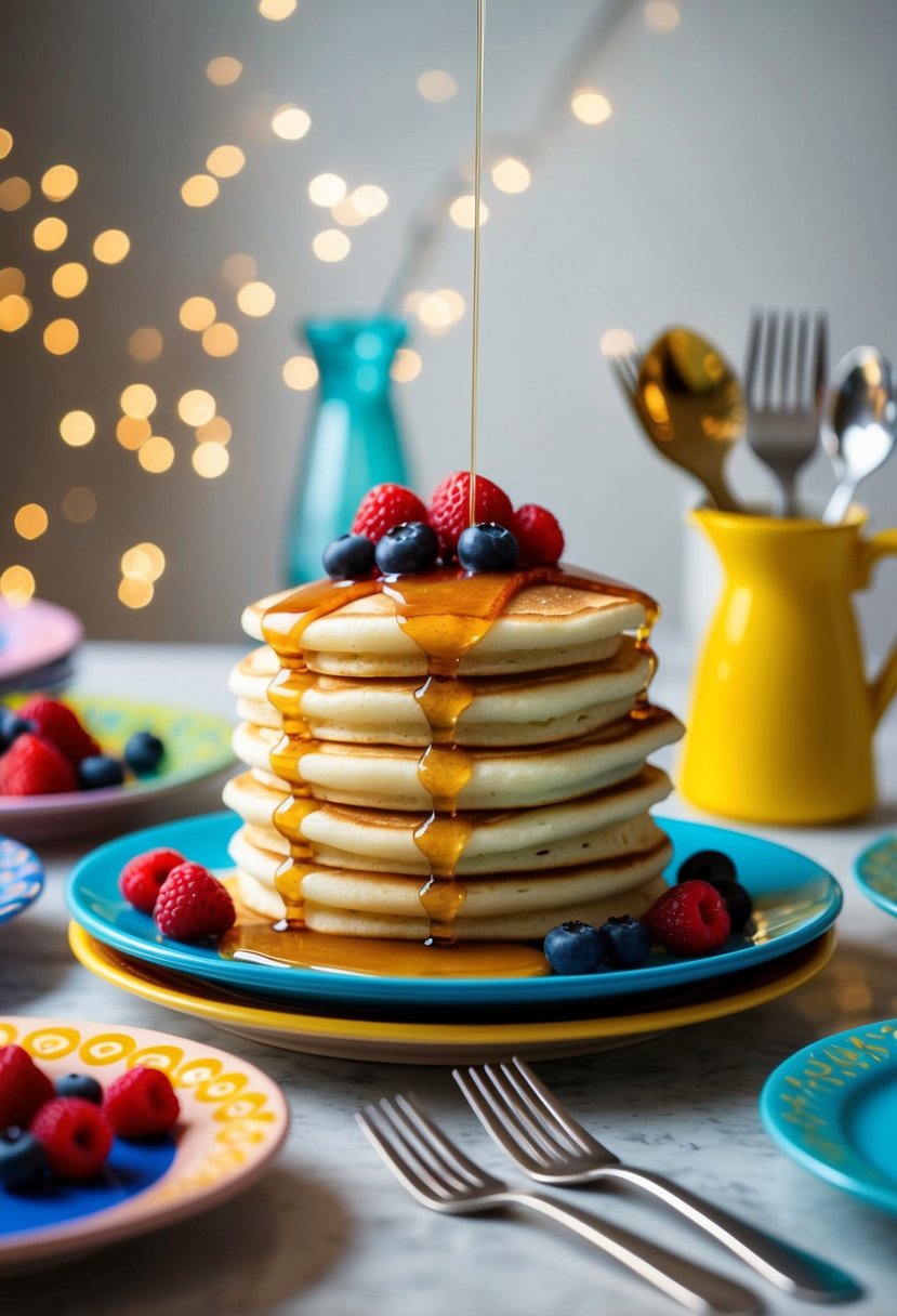 A stack of fluffy pancakes topped with syrup and fresh berries, surrounded by colorful plates and utensils on a table