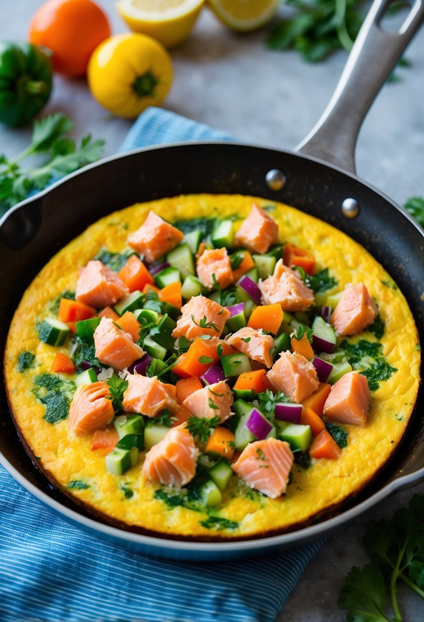 A colorful frittata sizzling in a skillet, filled with chunks of salmon and an array of vibrant, chopped vegetables