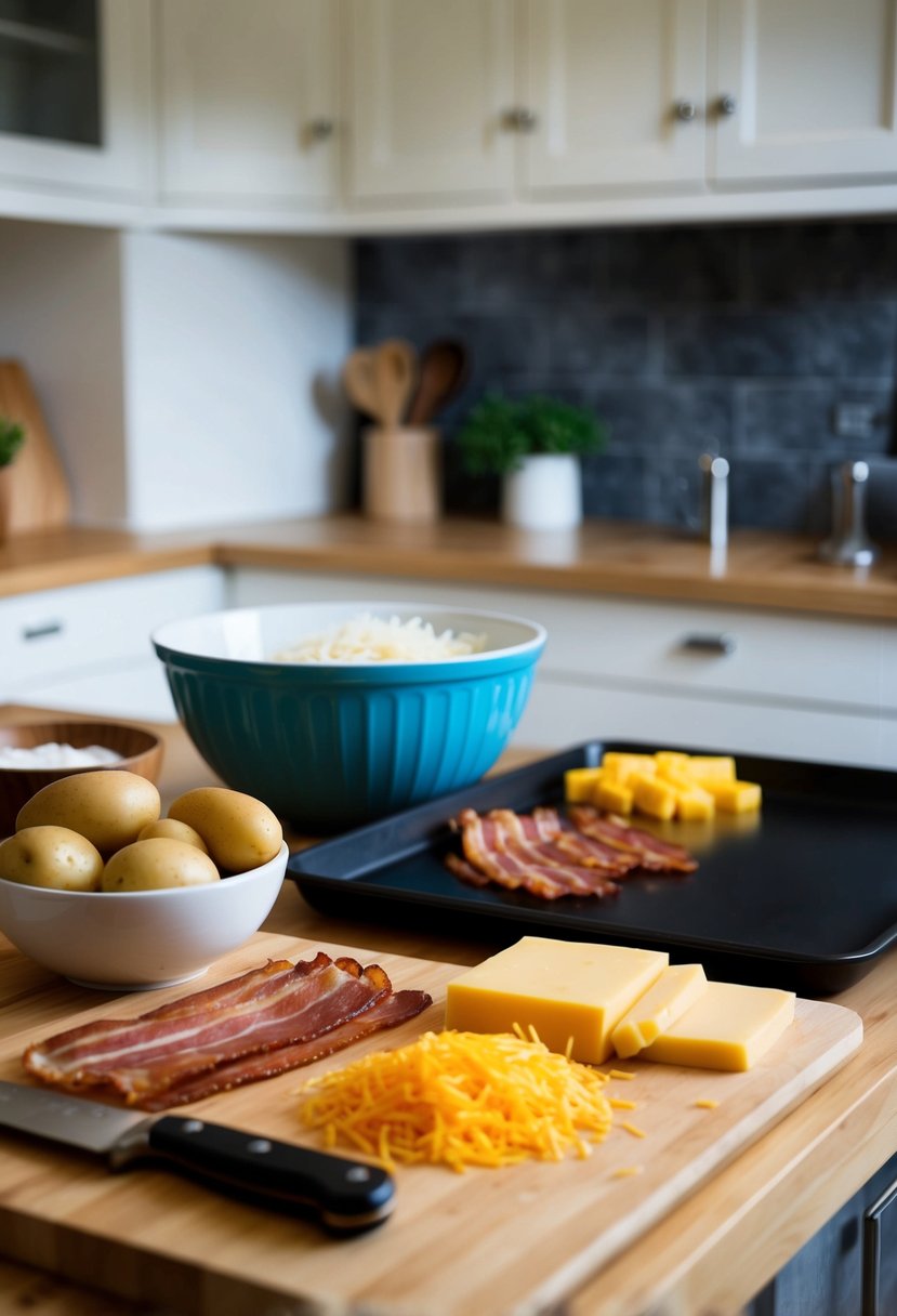 A kitchen counter with ingredients like potatoes, cheese, and bacon. A mixing bowl, a baking sheet, and a cutting board with a knife