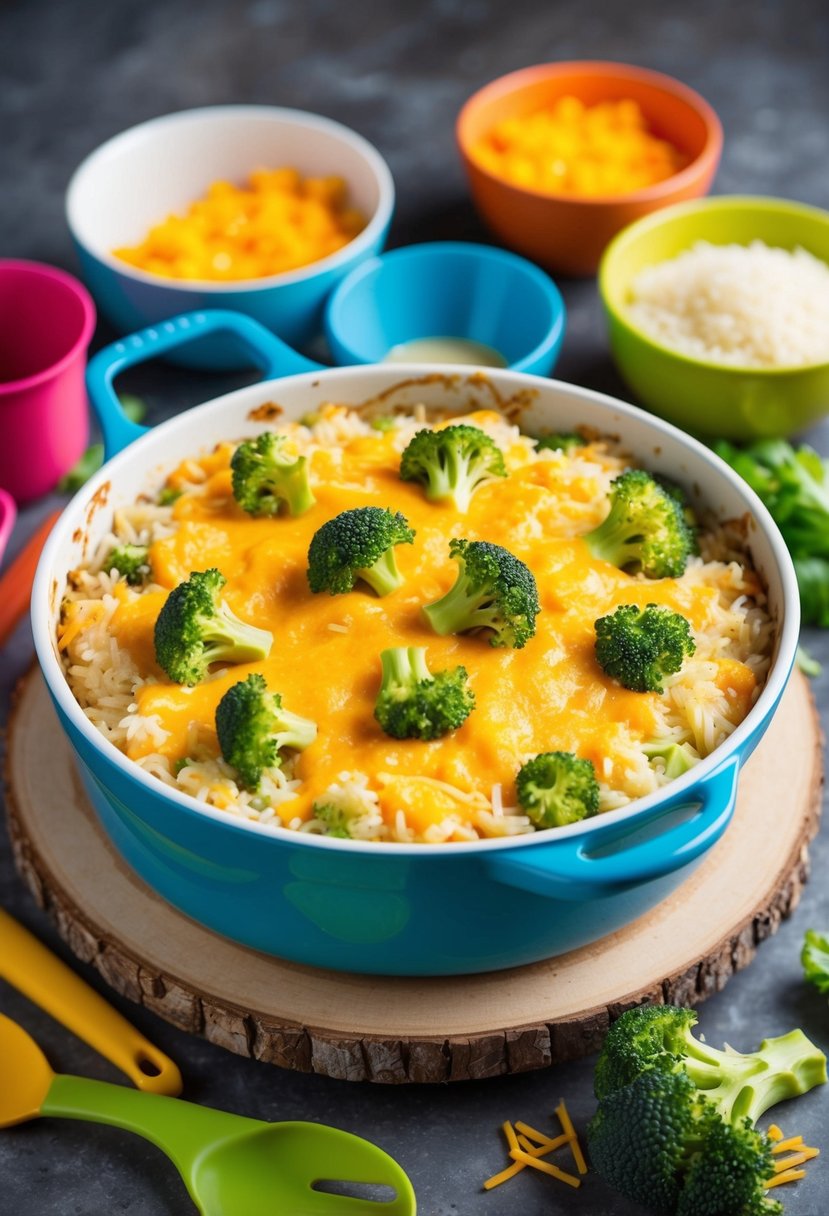 A bubbling casserole dish filled with cheesy broccoli rice, surrounded by colorful child-friendly kitchen utensils and ingredients