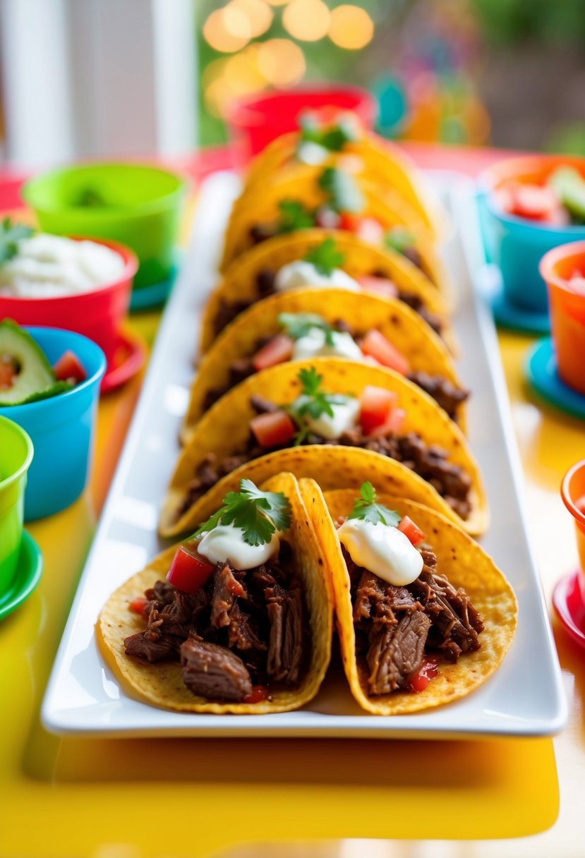 A colorful spread of beef tacos with fresh toppings on a bright, kid-friendly table setting